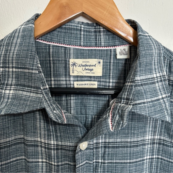Weatherproof Linen Shirt Navy Plaid Button-Down Shirt Size Large Washable. - Picture 3 of 6